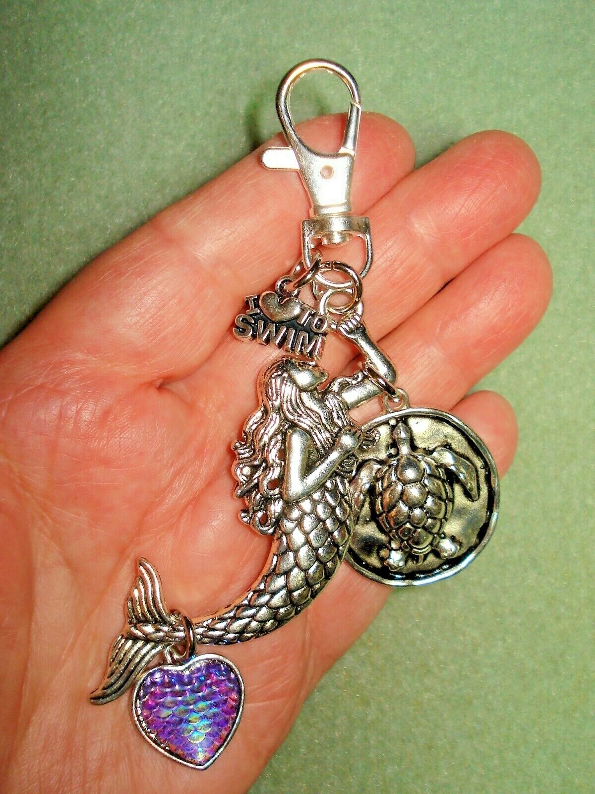 4 3/4″ Drop Mermaid, Sea Turtle, Heart “Swim” Charm Silver Plate Key Ring Glitz