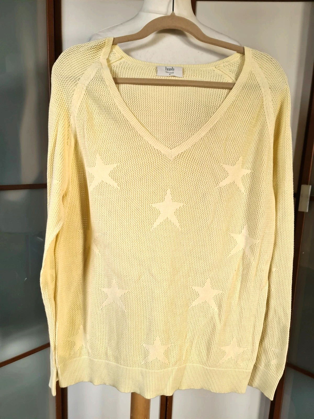 Hush Lemon Yellow Cotton Star Jumper Mesh M Luxury Bright Fun Layers Knitwear