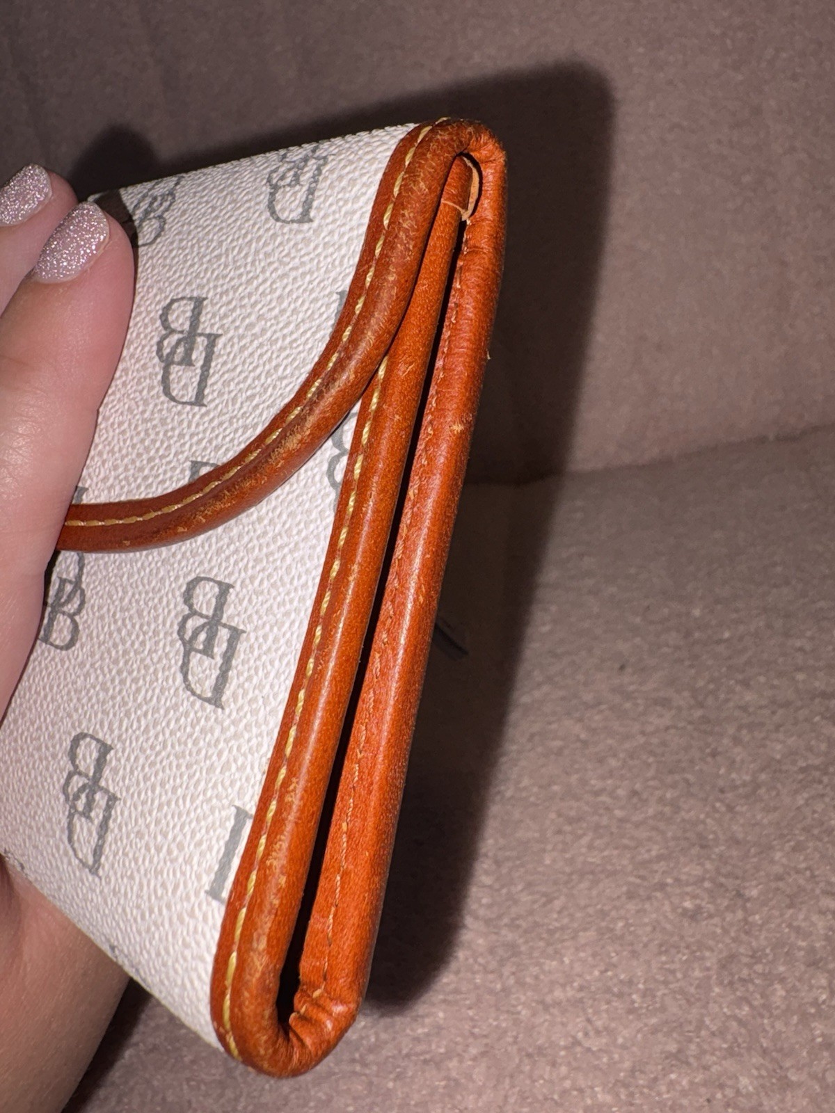Dooney & Bourke Logo Bifold Wallet Zip Coin Pocket White Brown Red Silver