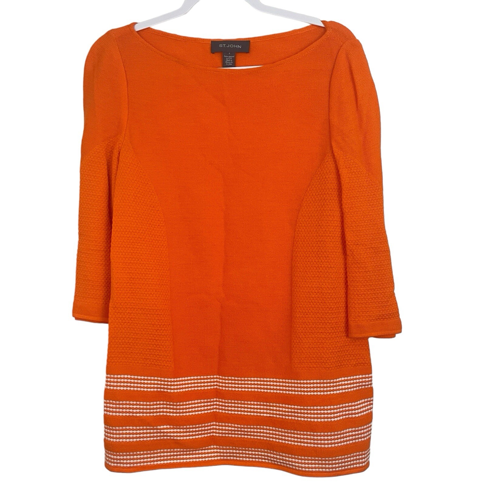 St John Knit Tunic Sweater Sz Small Orange White 3/4 Sleeves Boatneck Rayon Wool