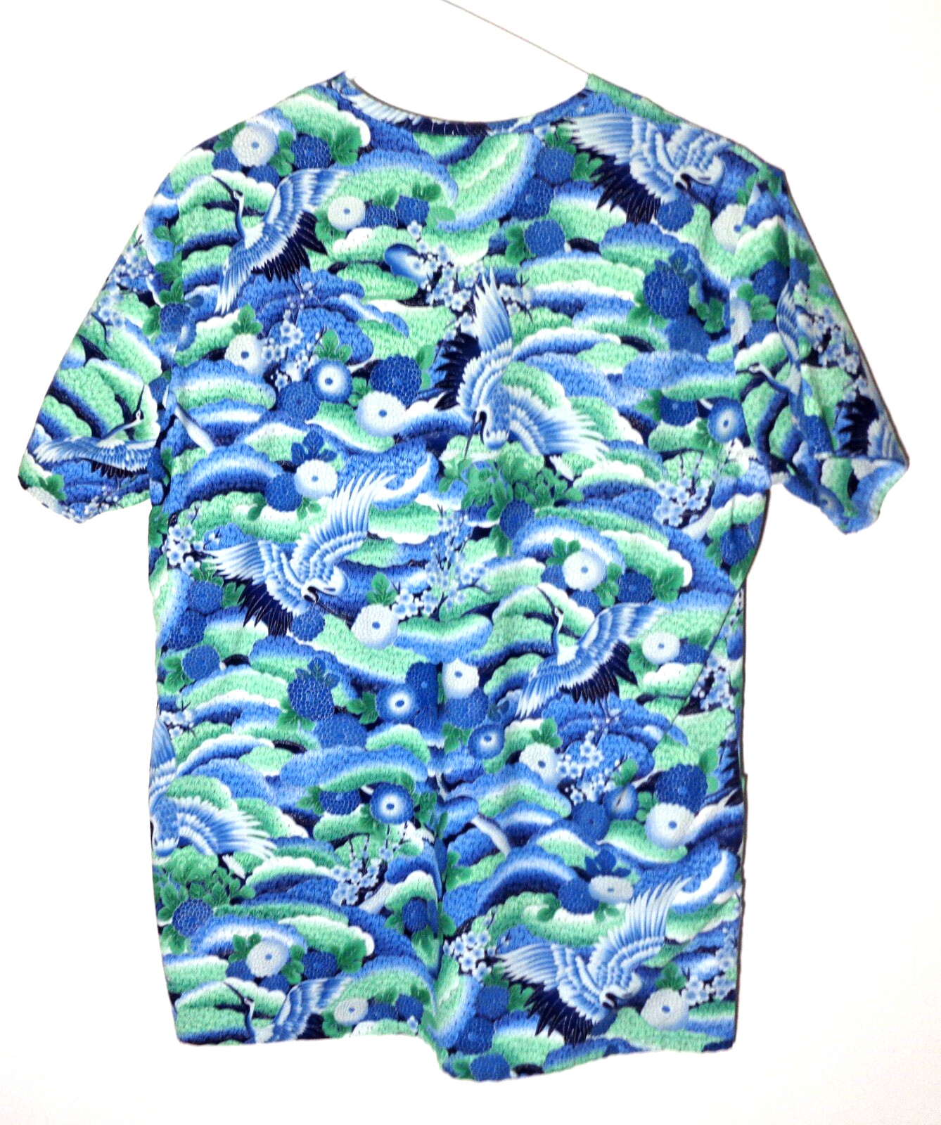 Women’s Cotton, Blue/Green, Oriental Design Scrub Top in Size XS