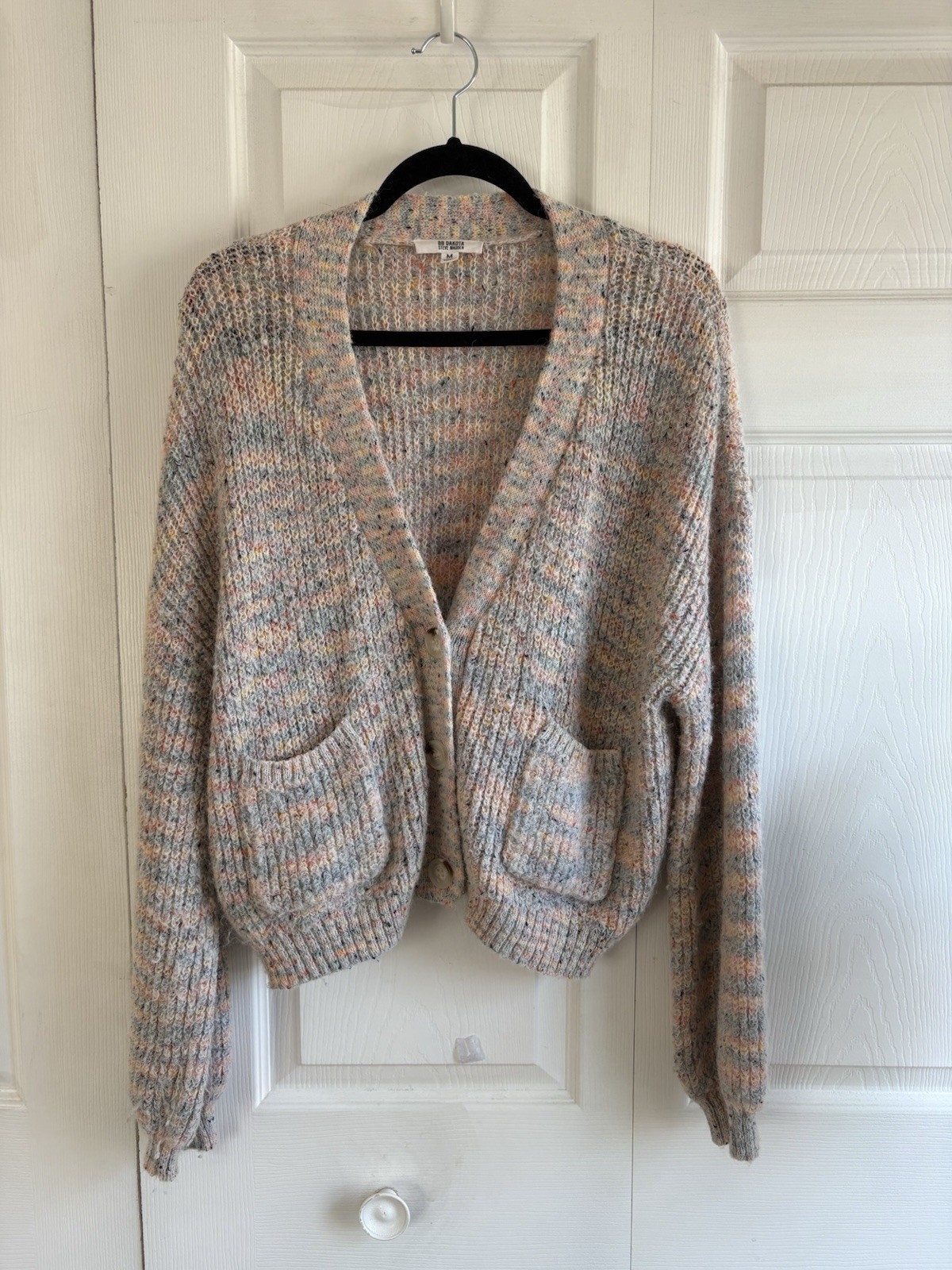 BB Dakota Ivory Pink Blue V-Neck Chunky Knit Ribbed Cardigan Academia Teacher M