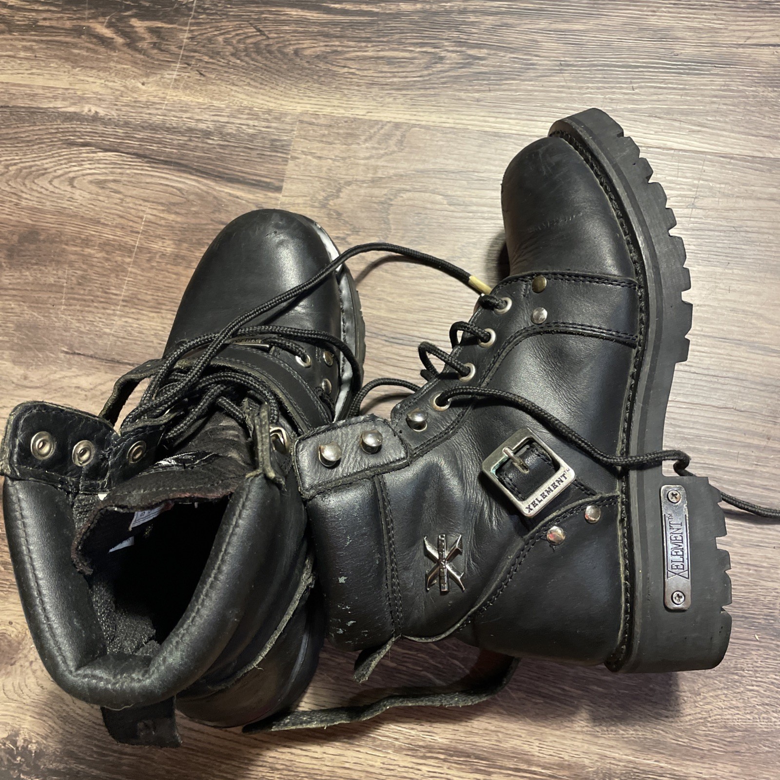 Element Motorcycle Boots Womens Size 9 Black Leather Logo Zip up Snap Lace Up