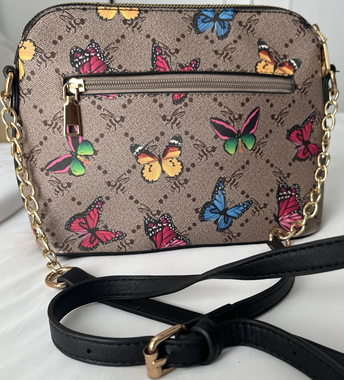 Brown Multicolor Butterfly Crossbody Bag Zip, Gold HW, Chain Bee, Adj Strap