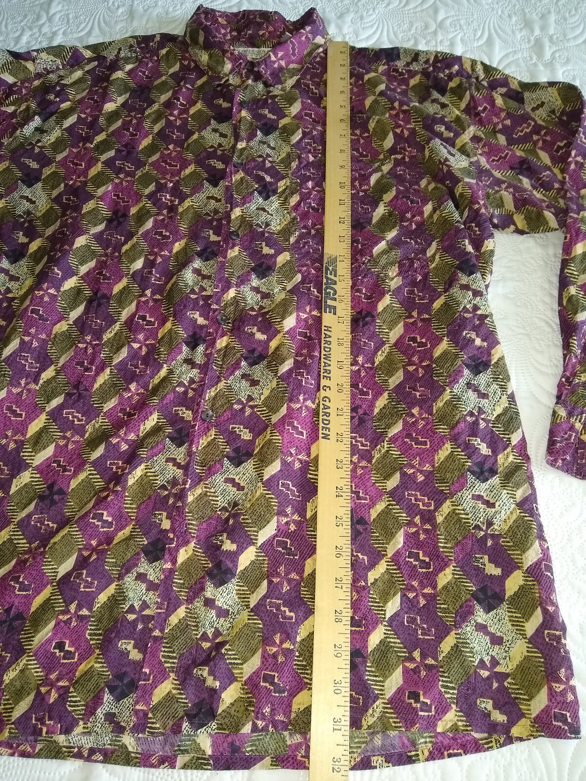 Expressions Worldwide 100% Silk Shirt Mens XL Purple Brown Geometric Vtg 90s EUC