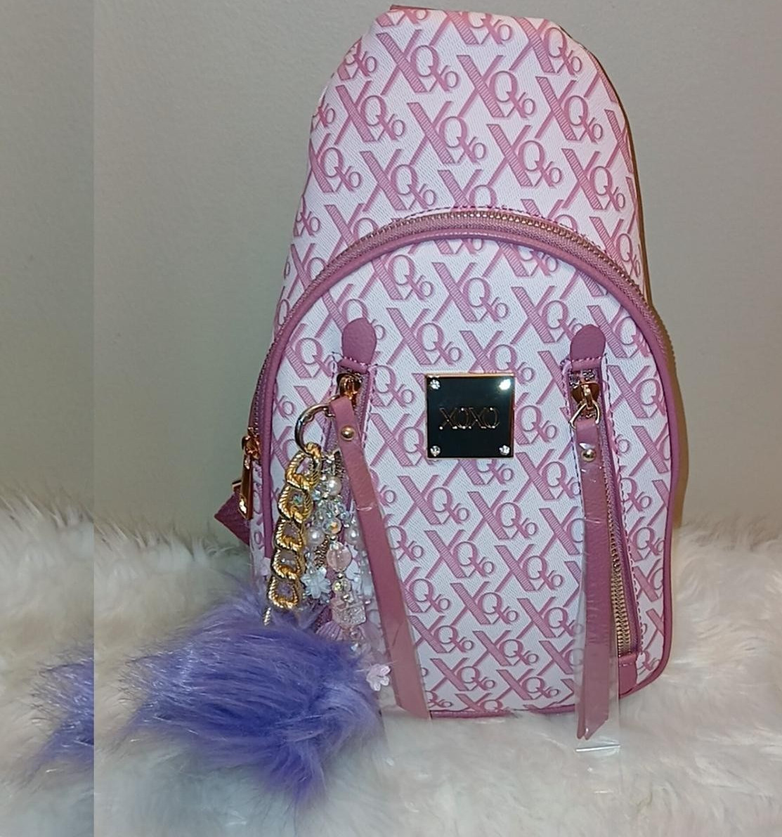 XOXO Logo Mini Backpack Purse Pink/White Gold Hardware Bag Charm Adjustable