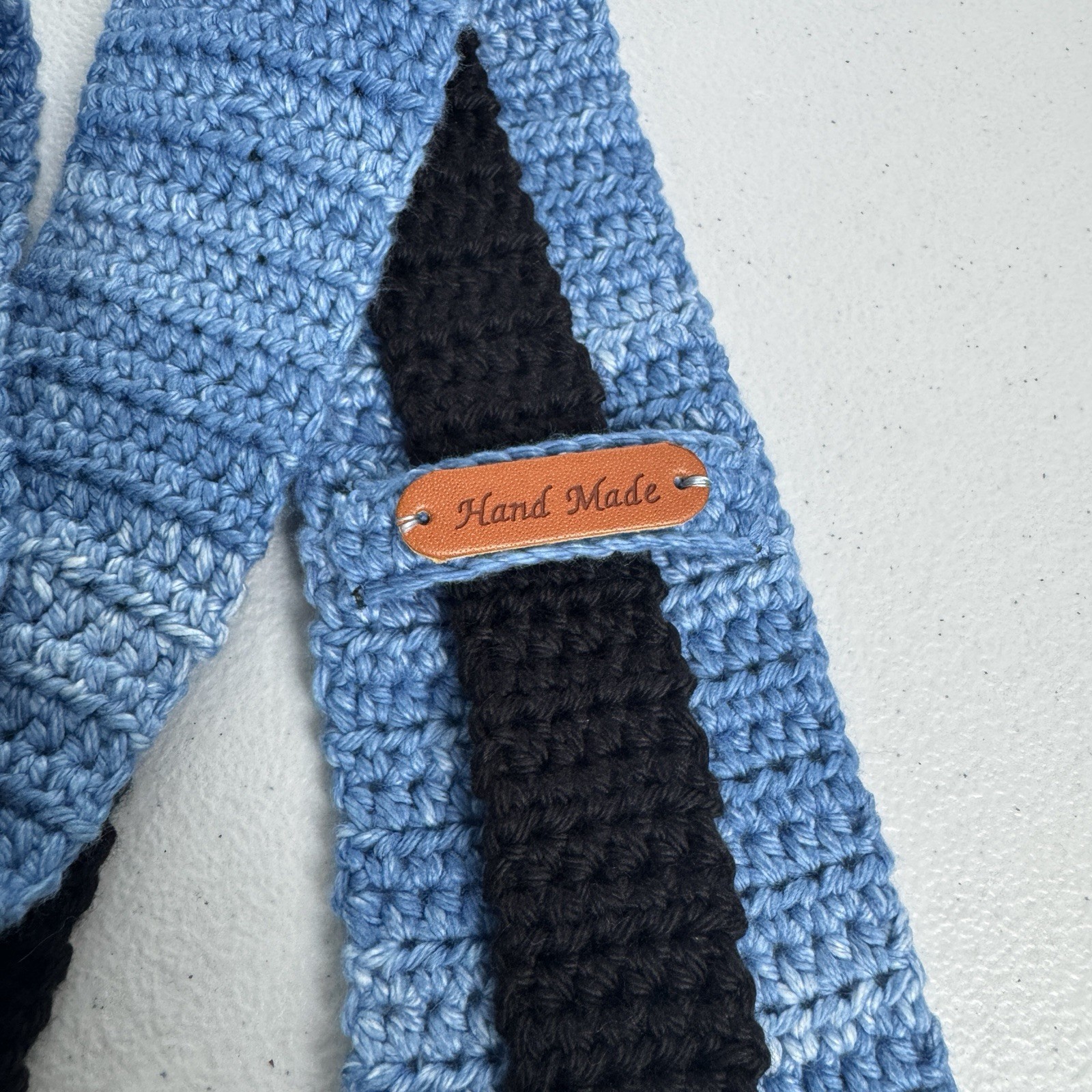 Mens Crochet Knit Neck Tie Blue Black 58” Long 3.25” Wide 100% Cotton Hand Made