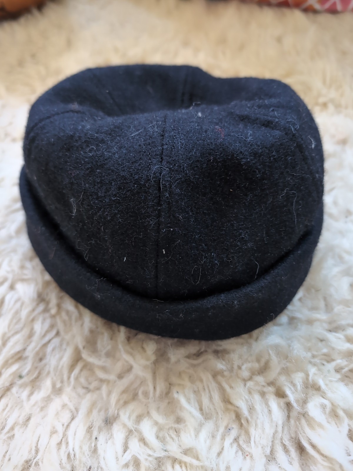Vtg Black Wool Miki Hat USA Worker Brimless Docker Sailor Cap Rolled Edge 22.75
