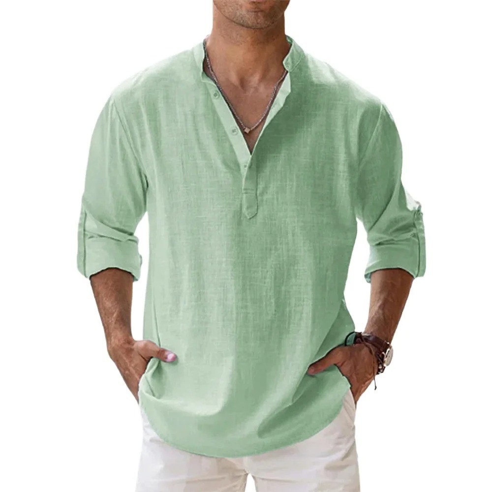 Men’s Cotton Linen Henley Shirt Summer Casual Beach Hawaiian Style Vacation Wear
