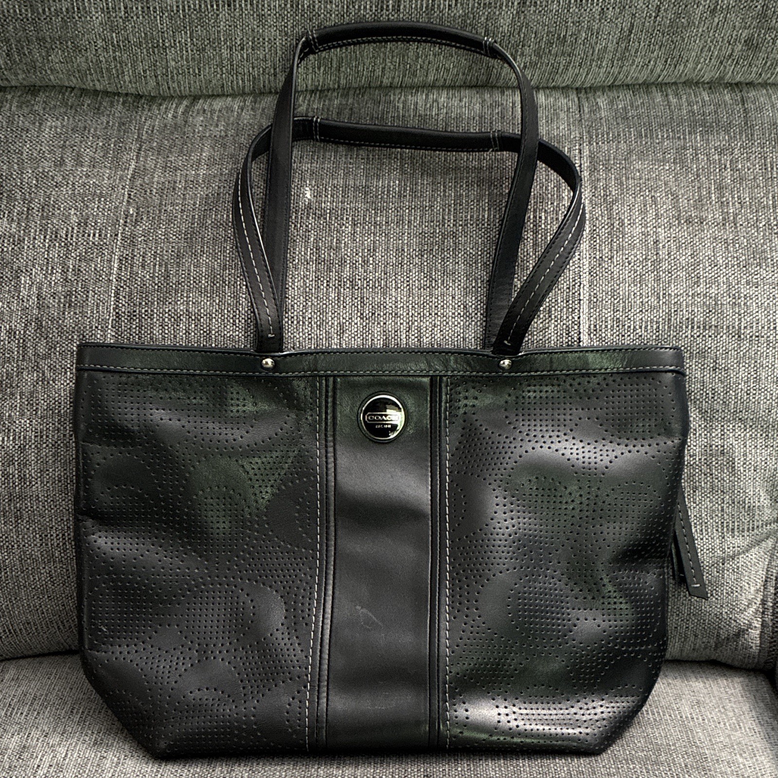 Coach Black Perforated Zip Tote, Detachable Strap, Lined, Inner Pockets