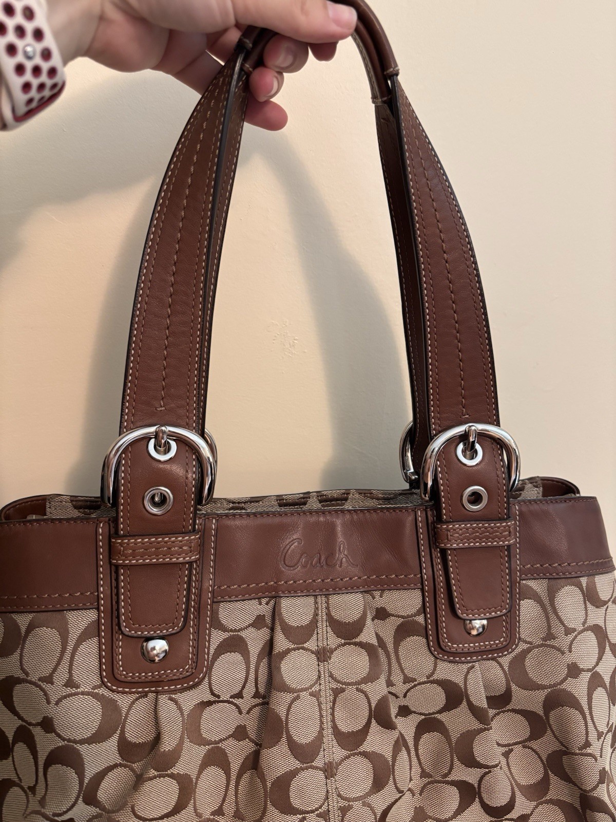 Coach Soho Signature C Monogram Shoulder Bag Brown Leather Trim Pleated