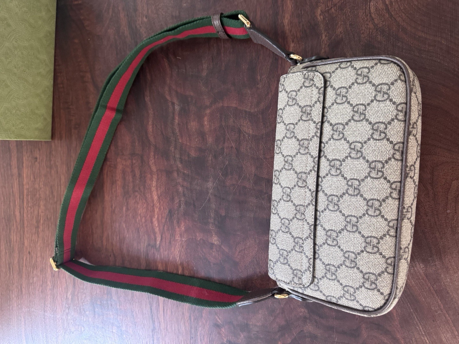 Gucci Ophidia GG Small Shoulder Bag Green/Red Web Strap Gold Hardware Dust Bag