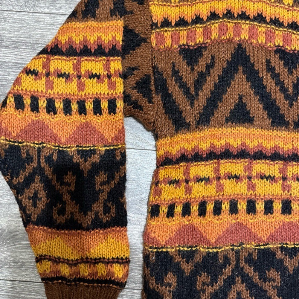 Together! Vintage 90s Wool Blend Geometric Tribal Knit Sweater Mens Large Brown