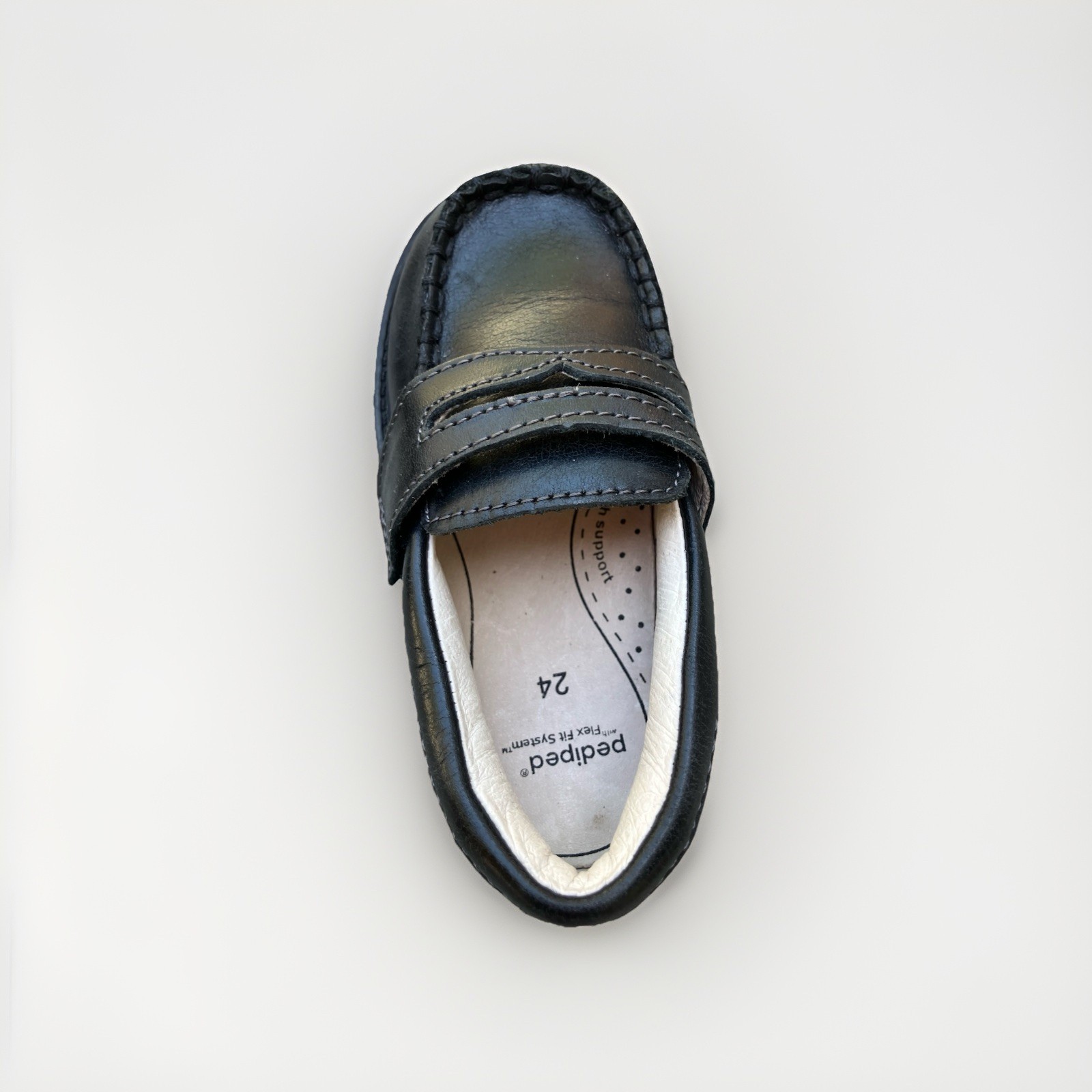 pediped Flex Black Leather Hook & Loop Loafers, Boy Kids EU 24 US 8