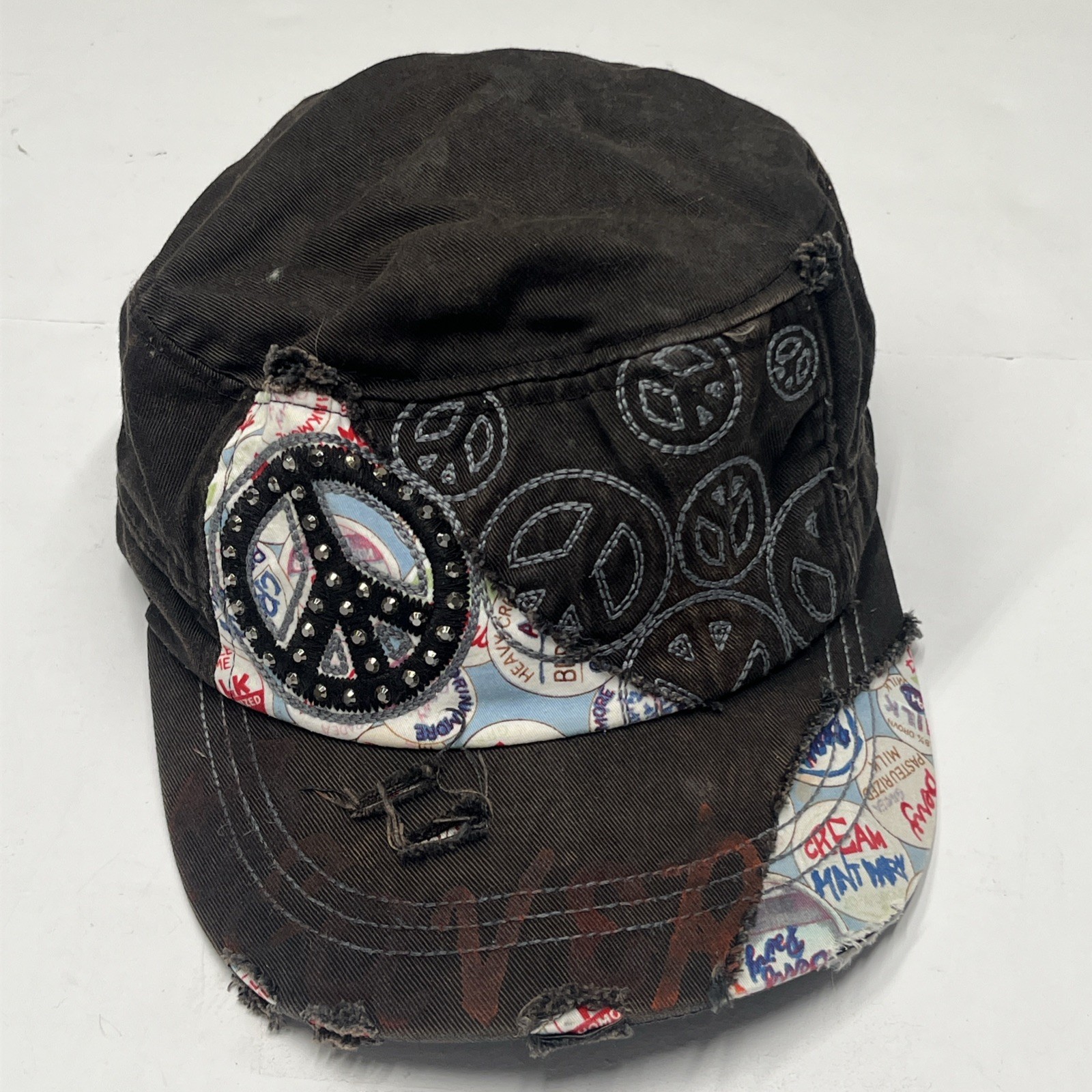 Kbethos Y2K Style Cap Peace Sign Rhinesones Distressed Style