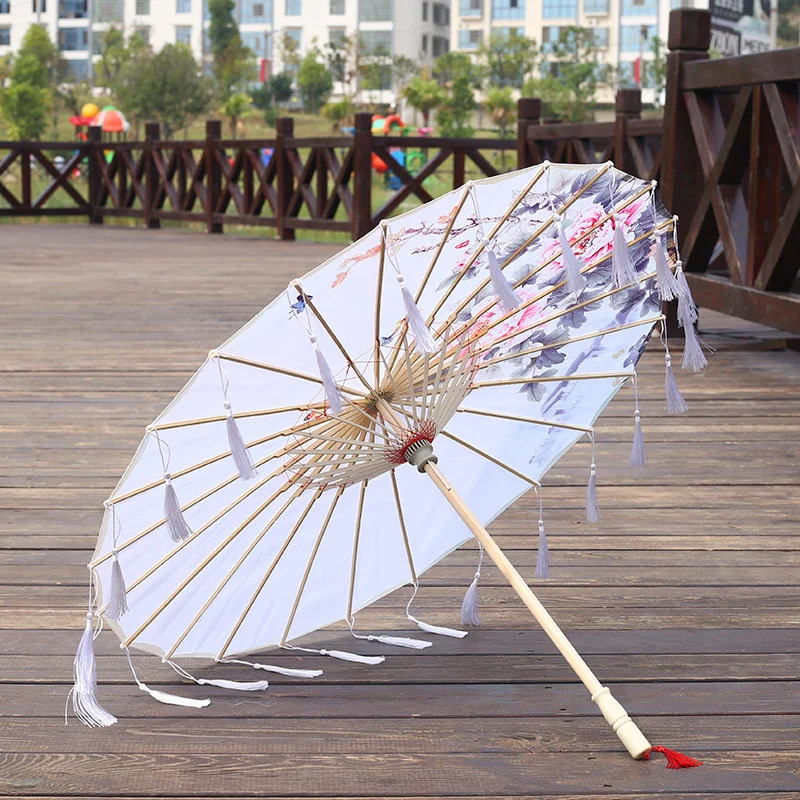 Cloth Parasol Umbrella 82cm Long Handle Silk Tassel Hanfu Cosplay Photo Prop