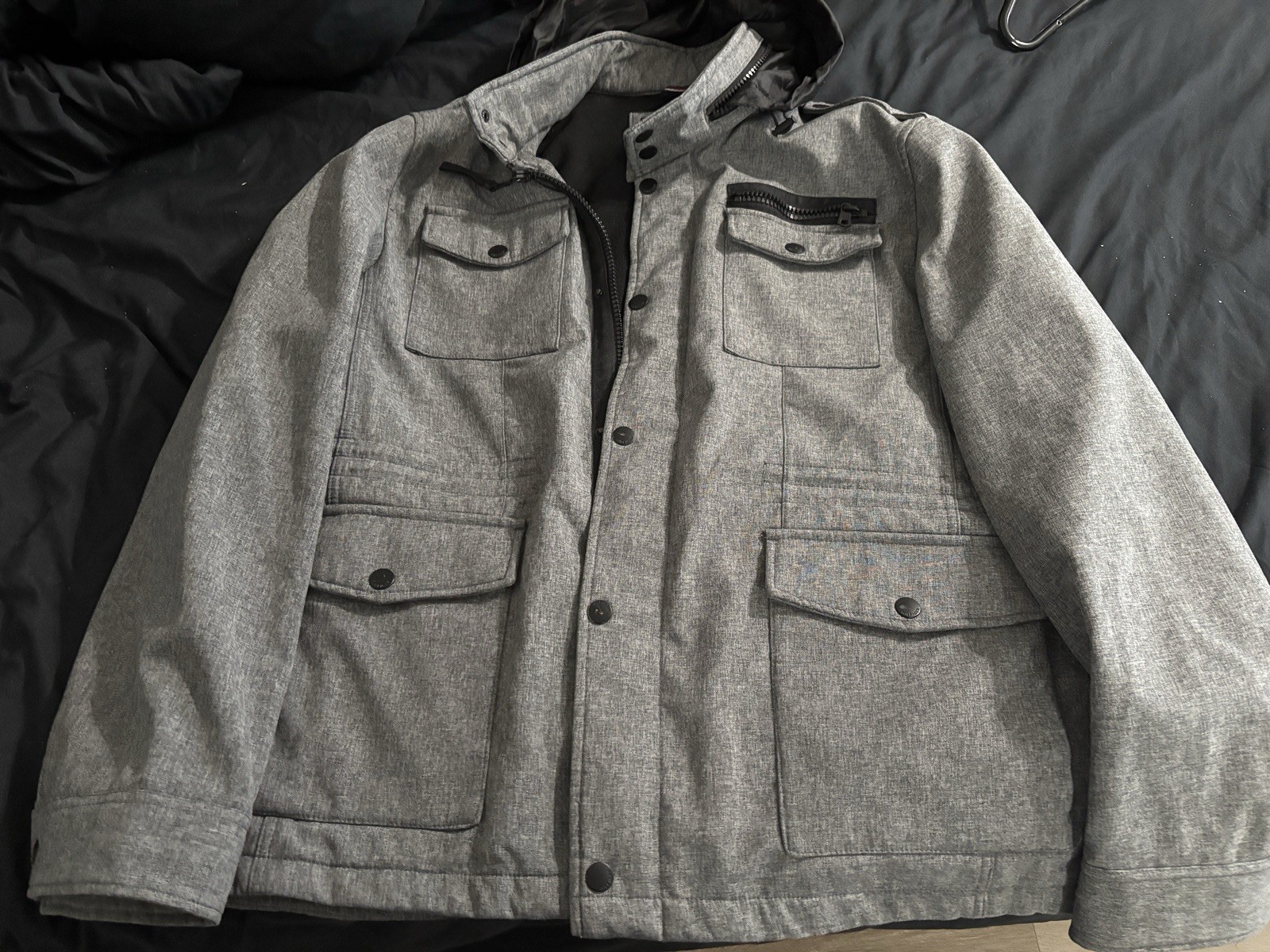 Tommy Hilfiger Men’s Gray Hooded Military Jacket, Button Front, XXL