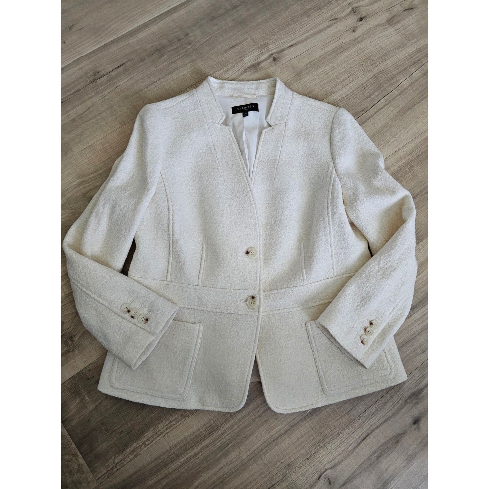 Talbots Petite Ivory Wool Blend Boucle Blazer Jacket White 14P Professional