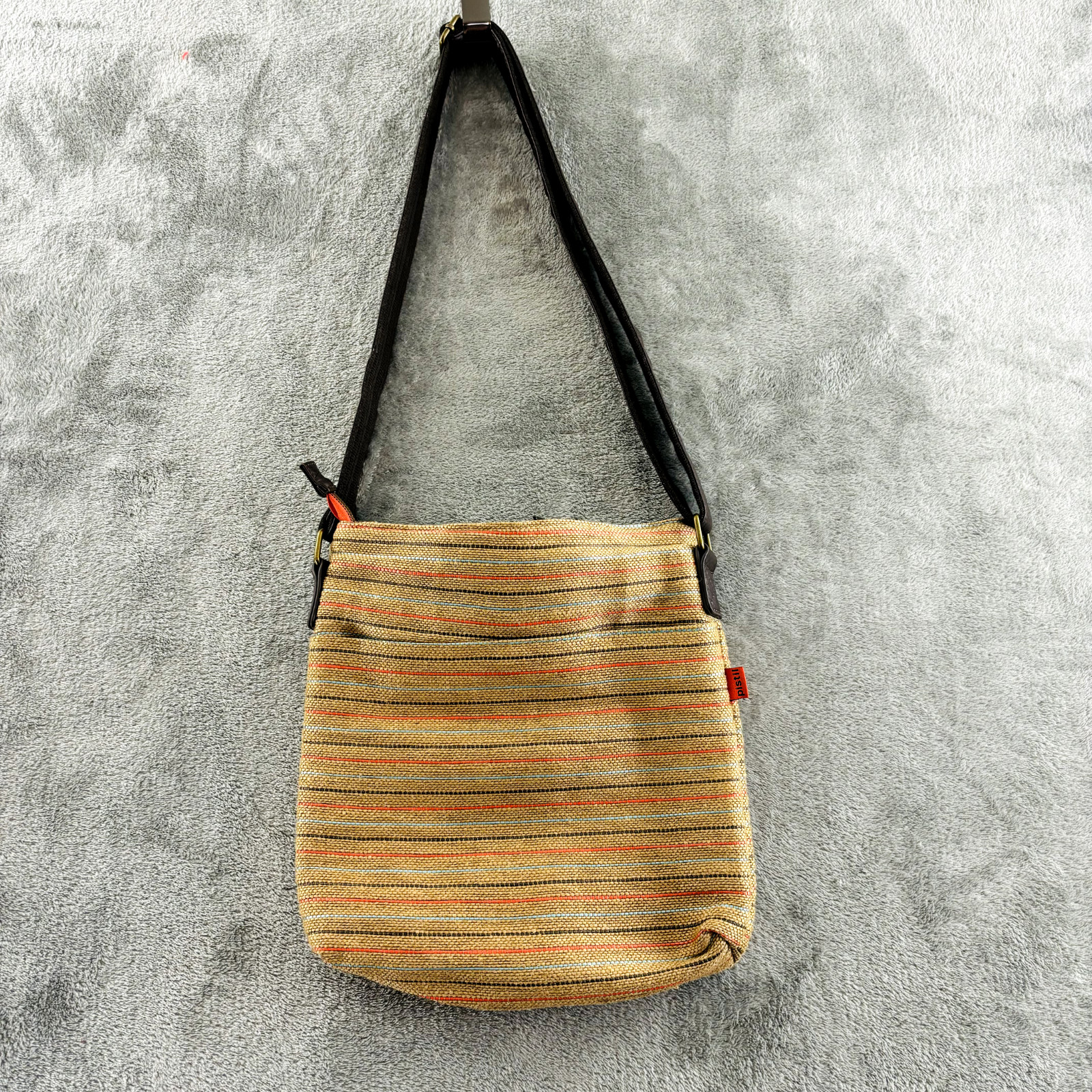 Pistil Gotta Run Bag Brown Burlap Stripe Crossbody Purse Adjustable Strap Zipper