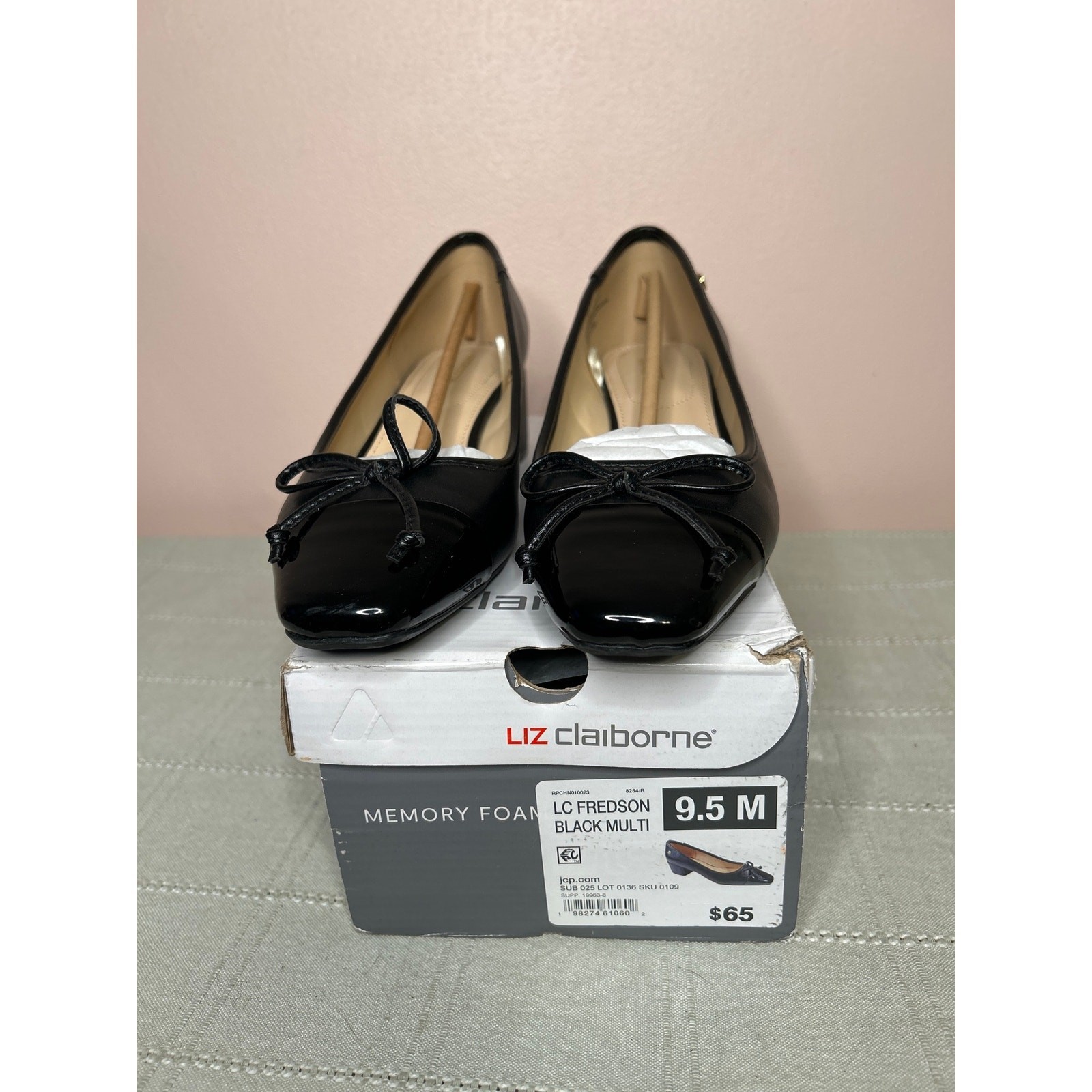 Liz Claiborne Fredson Cap Toe Block Heel Pump Black Multi Size 9.5 Bow Slip-On