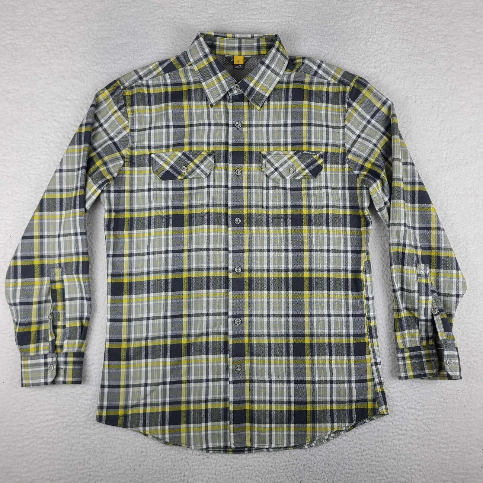 Eddie Bauer TraveX Flannel Shirt Mens Medium Gray Yellow Plaid Dress Button Up