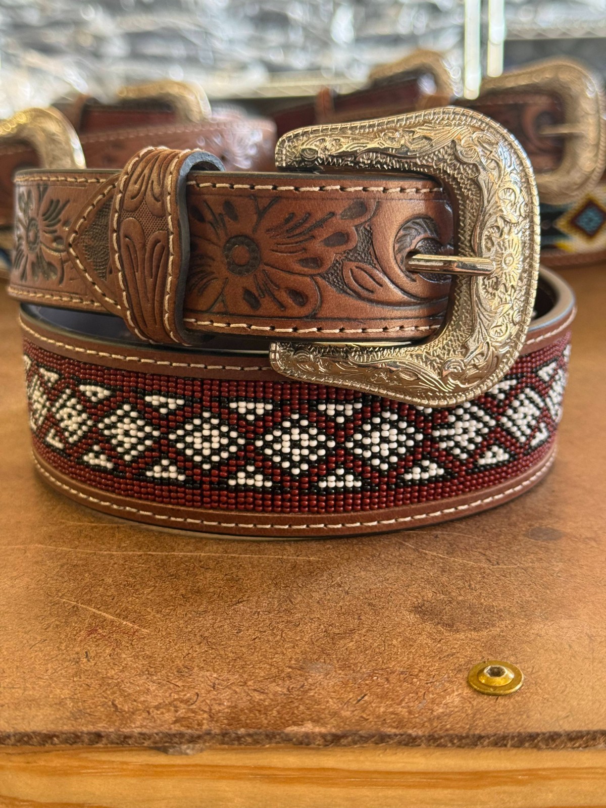 Handmade Beaded Western Cowboy Belt 1.7 Inch Tooled Leather Silver Buckle