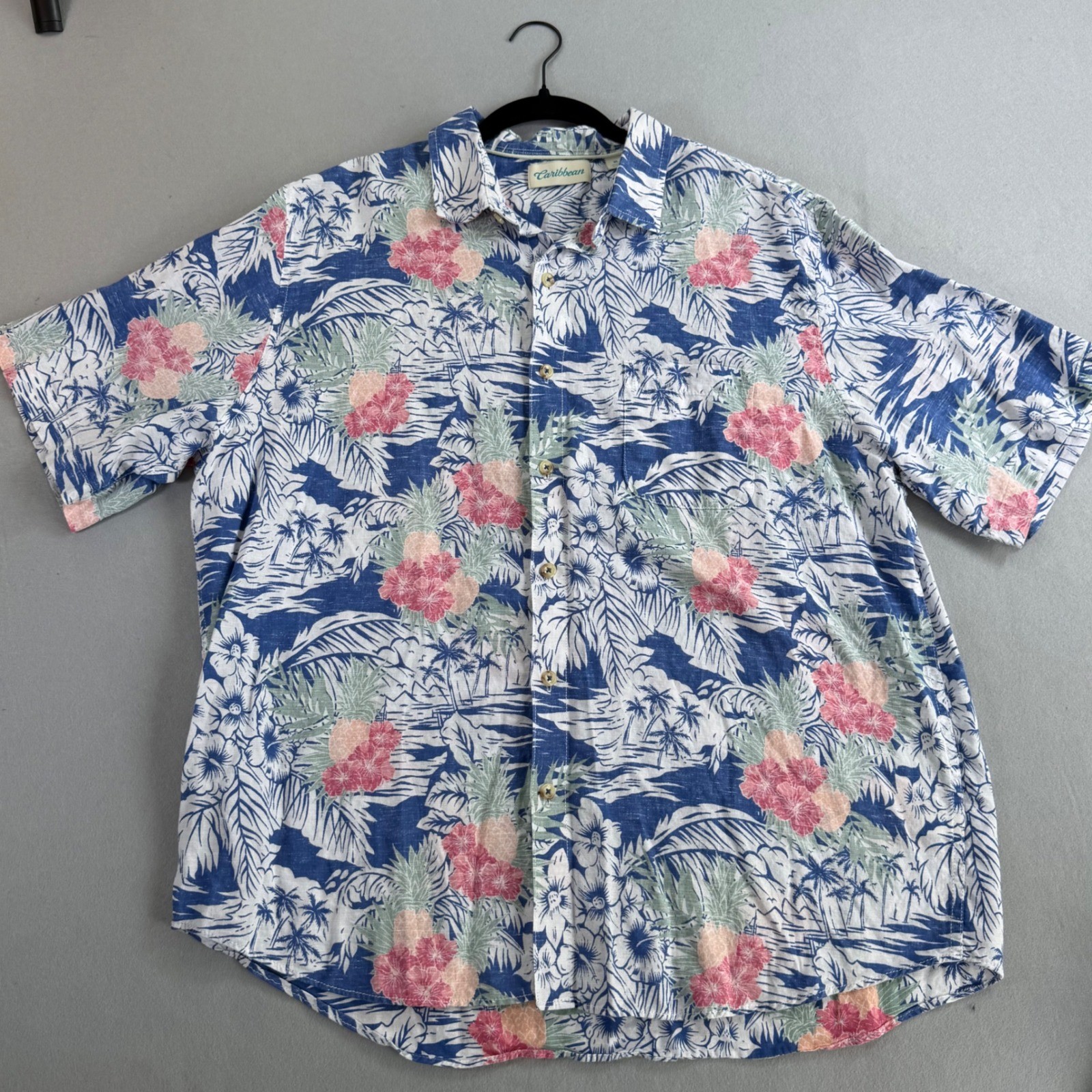 Caribbean Mens XL Linen Cotton Tropical Hawaiian Shirt Pineapple Hibiscus Blue