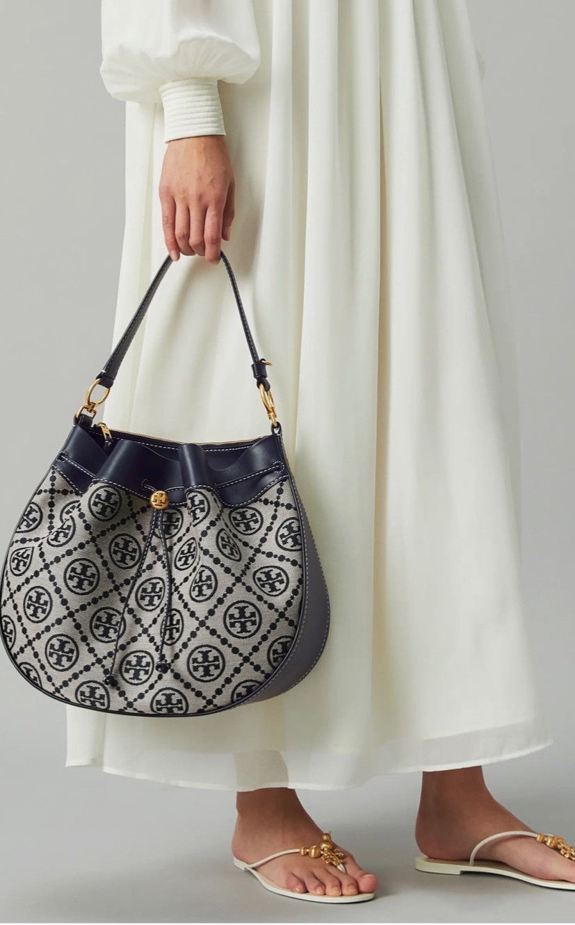 Tory Burch T Monogram Jacquard Drawstring Hobo Bag with matching Wallet