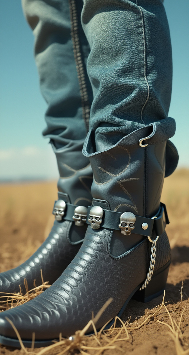 Men Boots Silver Metal Chain Black Faux Leather 2 Straps Skull Charms Motorcycle