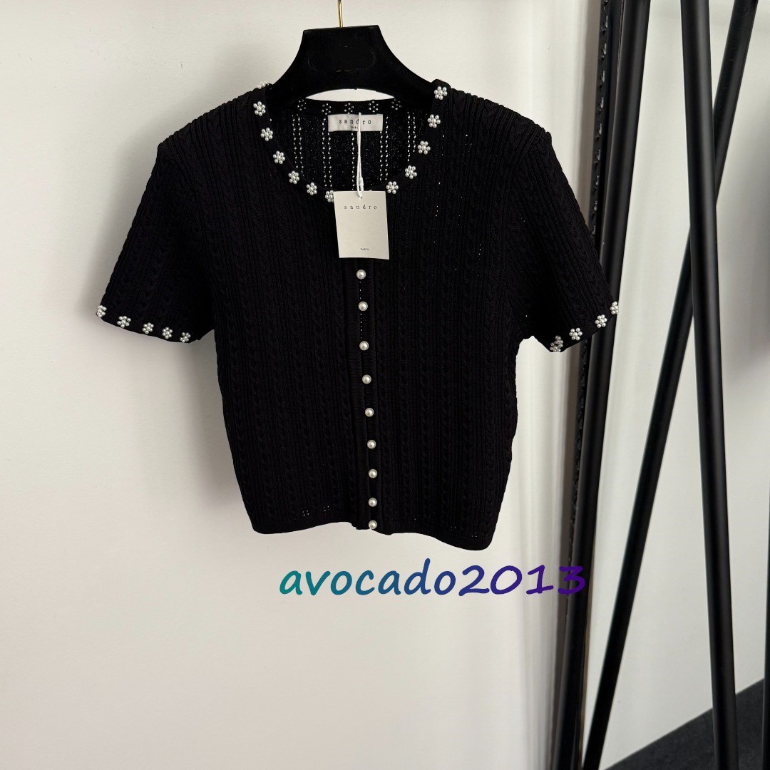 Sandro Women Pearl Button Round Neck Short Sleeved Knitted Cardigan Top