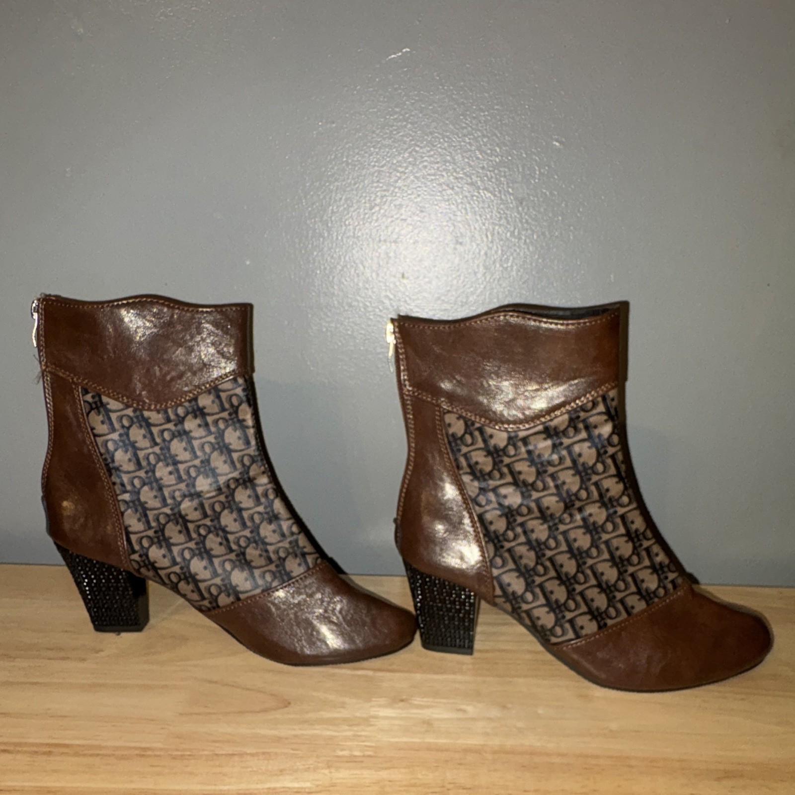 Dior Women’s Brown Leather Monogram Ankle Boots Size 8 Round Toe Zip Cone Heel