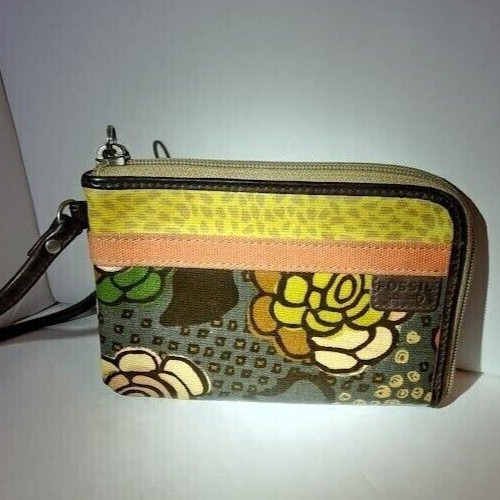 Fossil “Key-Per” Gently Used Floral Coated Canvas Wristlet w/ Leather Trim
