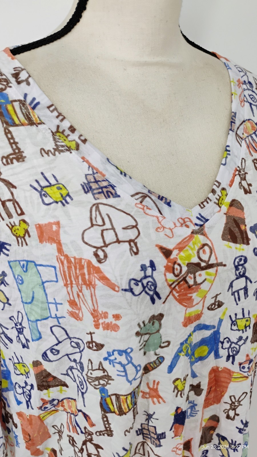 NEW Shana Cats Print Colorful Art Tunic Top V-Neck 3/4 Sleeve Size XL