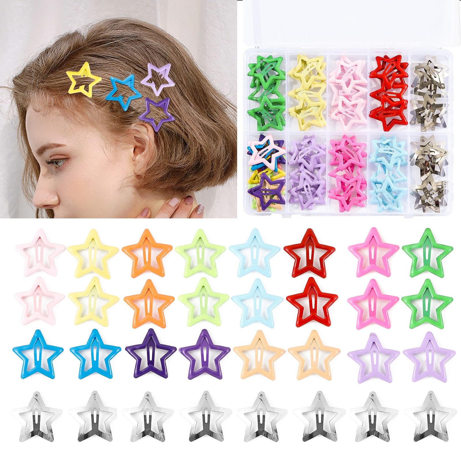 55Pcs Colorful Star Hair Clips for Women and Girls – Metal Snap Barrette