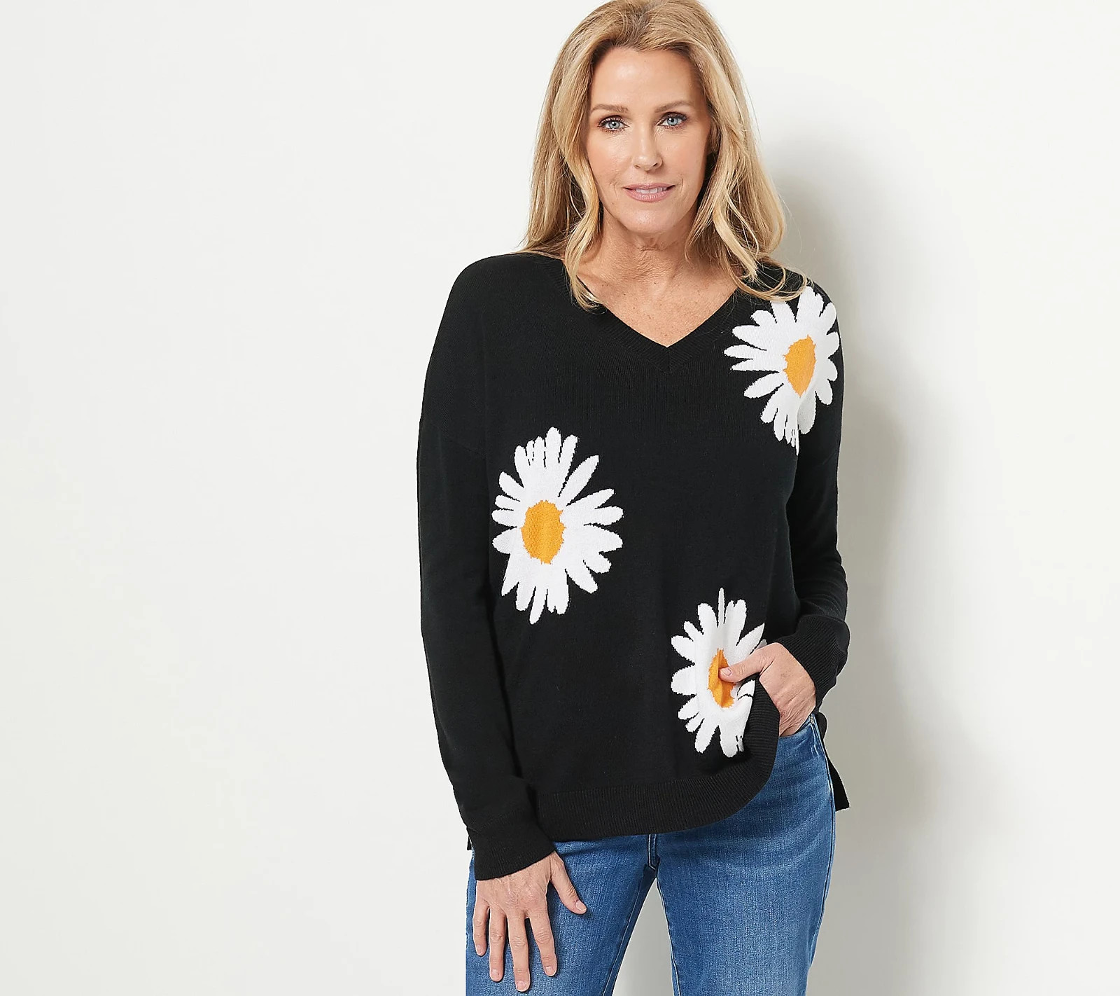 Laurie Felt Cashmere Blend Daisy Print Sweater-Black-XL A394841