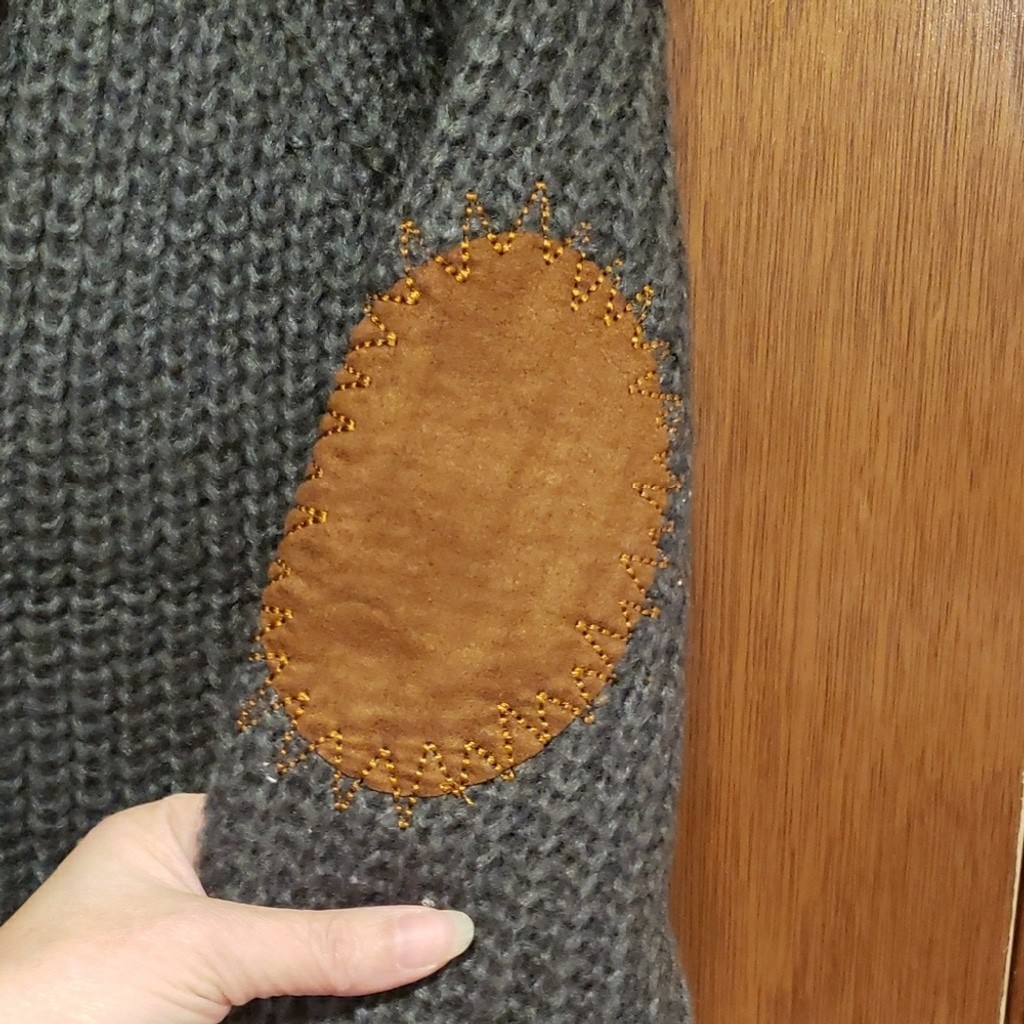 POL Gray Knit Cardigan Duster with Brown Ribbon Accents And Elbow Patches.
