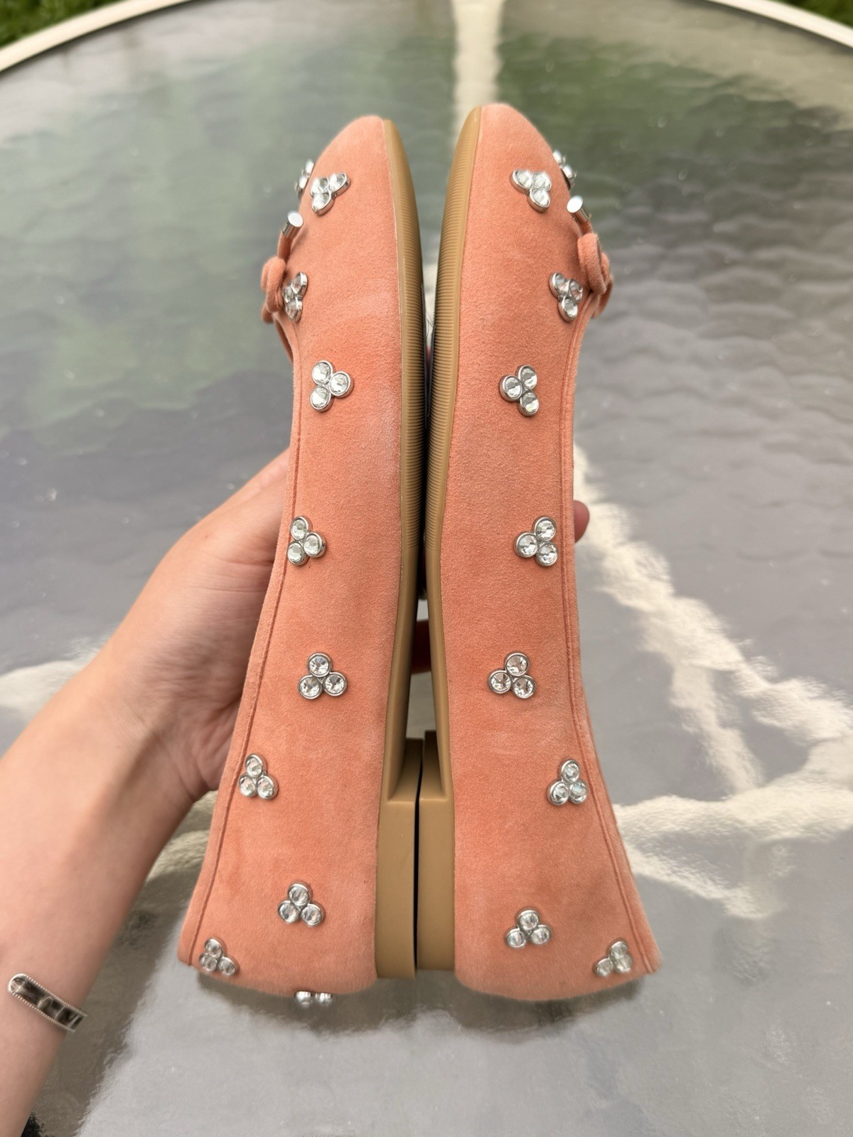 Stuart Weitzman Womens Ballet Flats US 6 Pink Suede Round Toe Bow Rhinestone