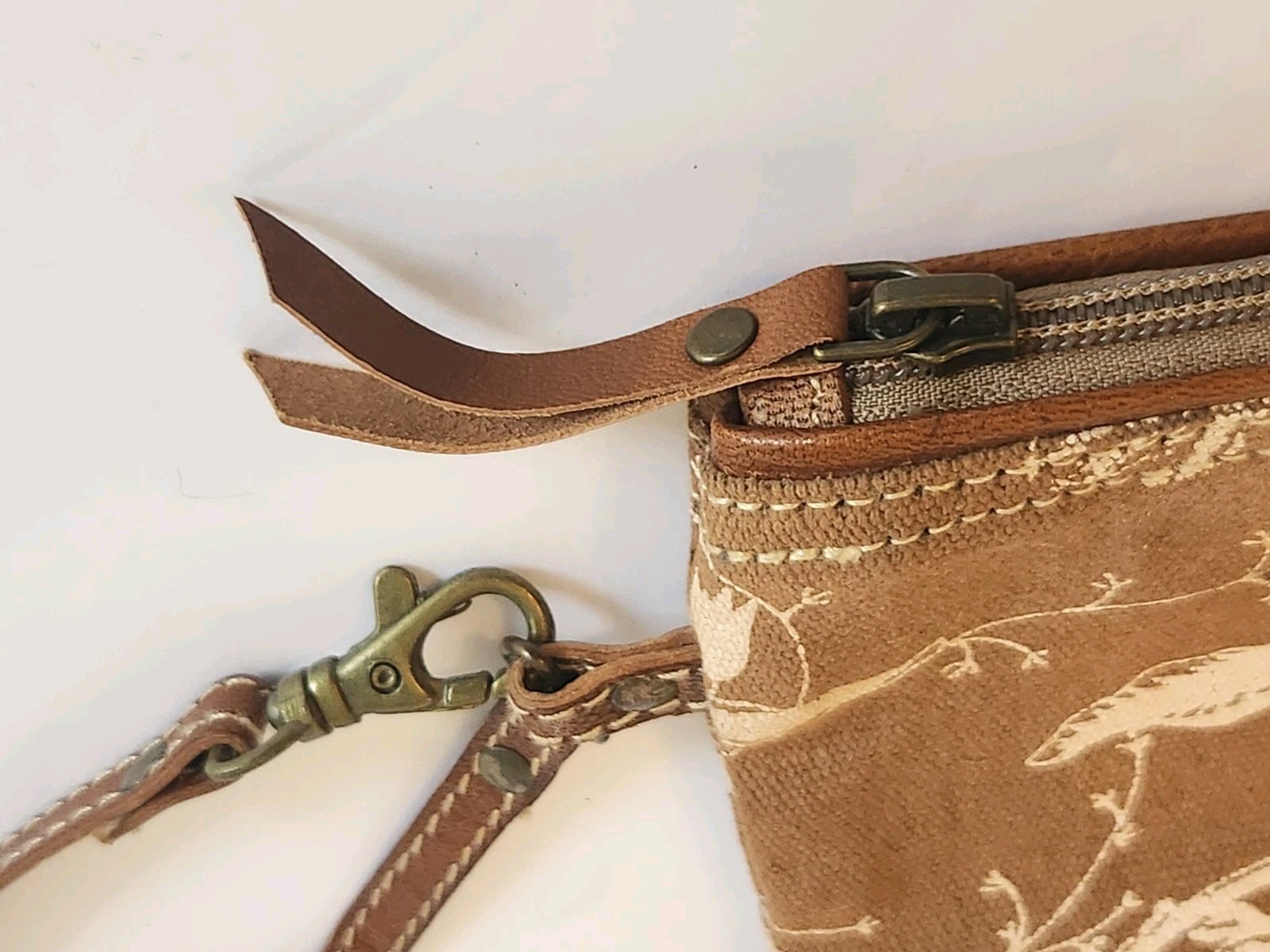 Myra Bag Handmade Starlit Pouch Upcycled Canvas & Cowhide Leather Wristlet 10.25