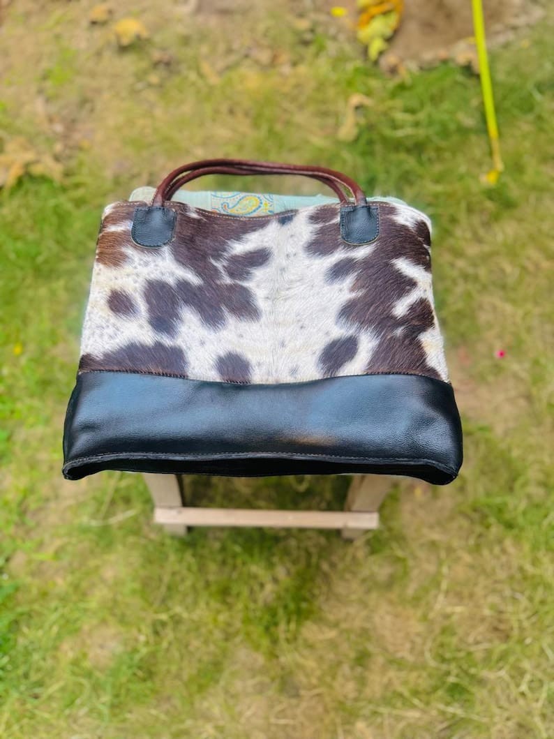 Genuine Cowhide Leather Tote Bag Black & White Hair-On Hide Shoulder Handbag 17″