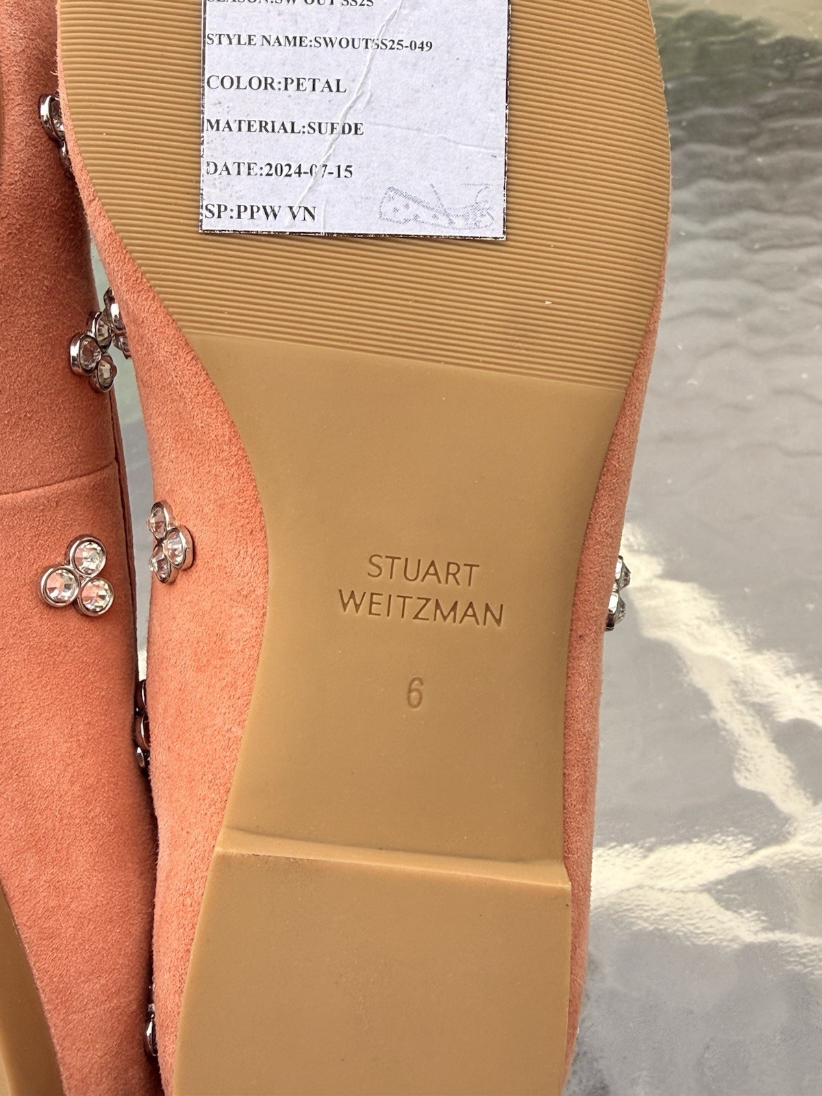 Stuart Weitzman Womens Ballet Flats US 6 Pink Suede Round Toe Bow Rhinestone
