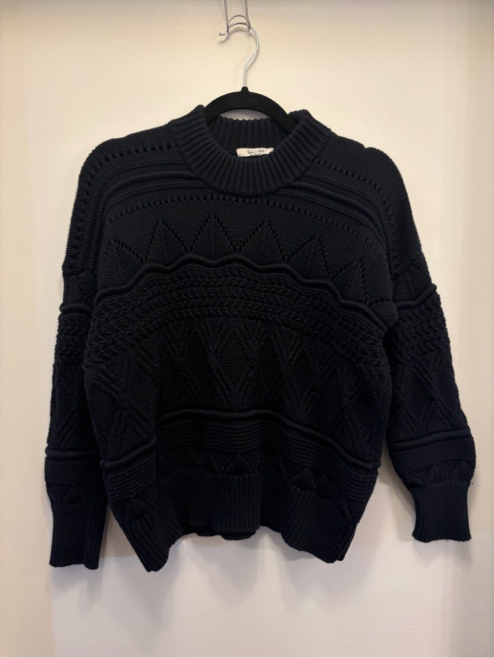 Splendid Navy Black Textured Knit Crewneck Sweater Women’s XS Relaxed Fit