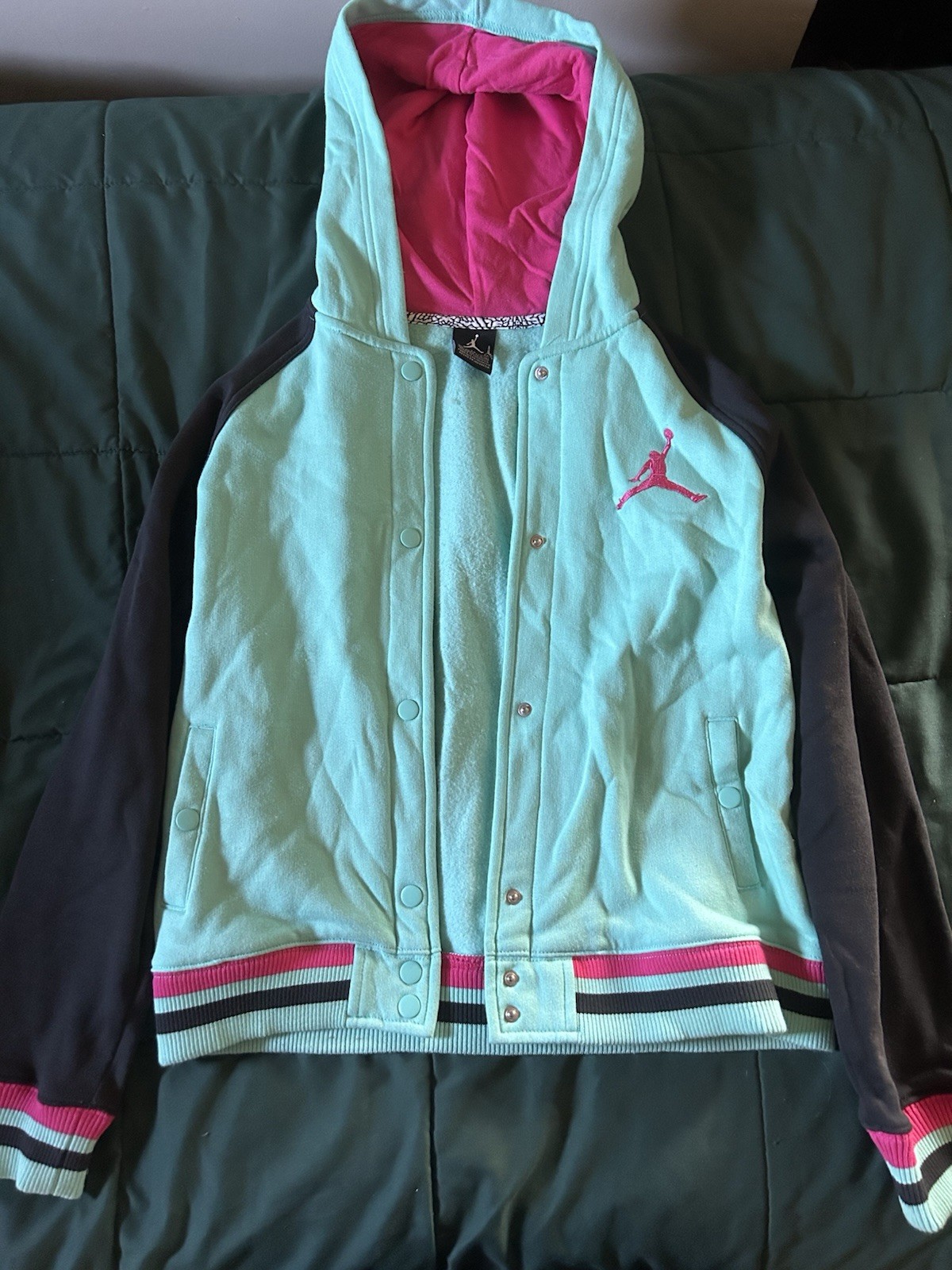 Jordan Jumpman Girls XL 13-15 Hooded Fleece Snap Hoodie Jacket Turquoise Pink