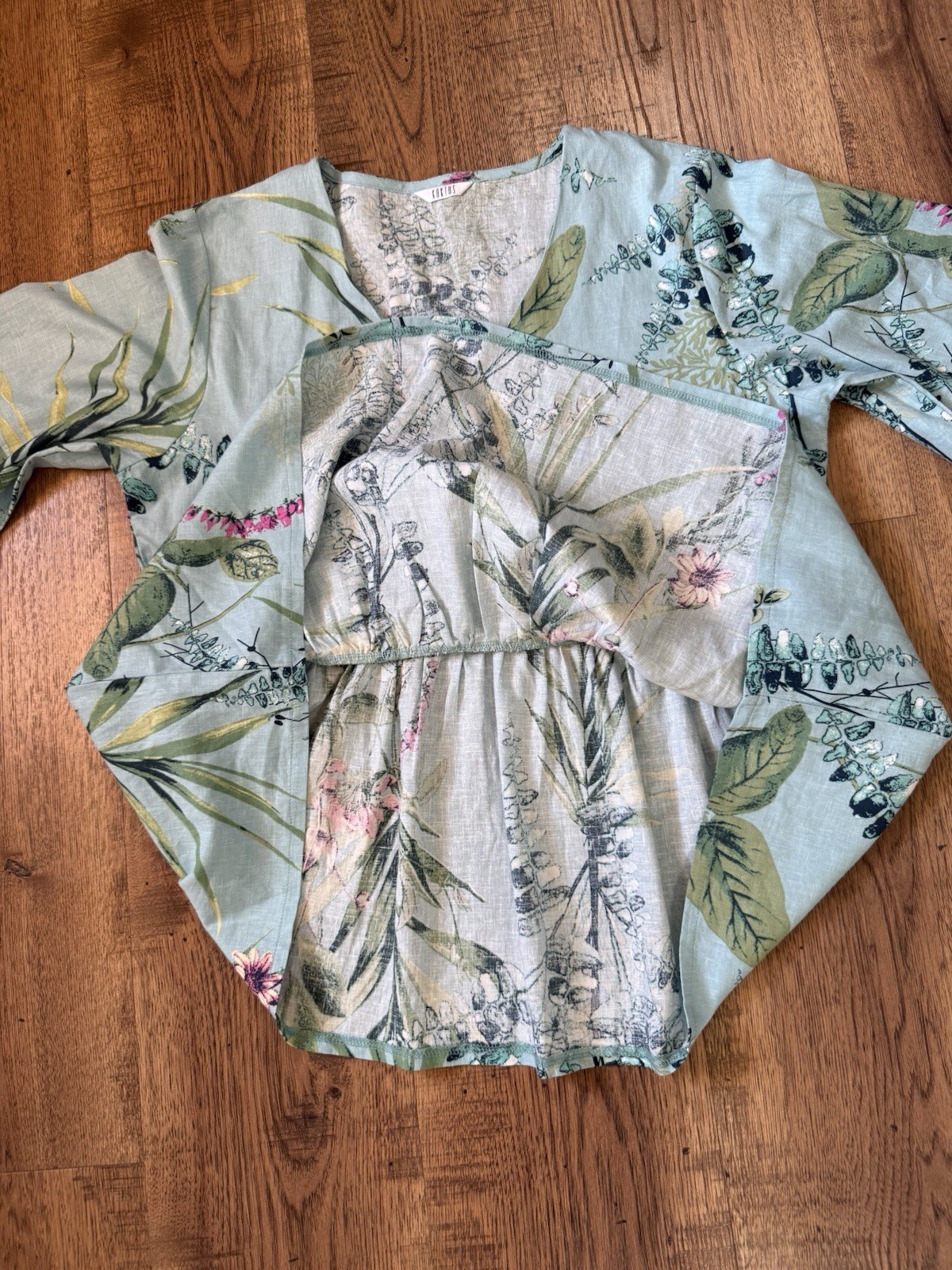 KAKTUS Tunic Blouse Blue Floral V-Neck 3/4 Bell Sleeve Woven Linen S