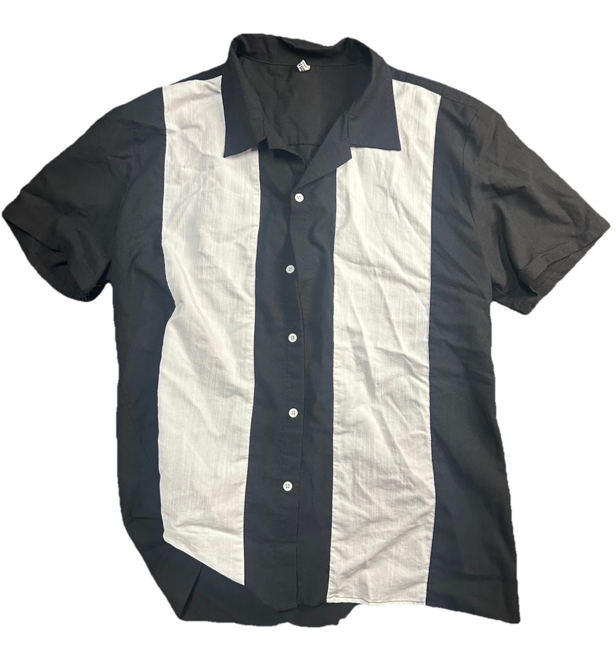 Mens Retro Bowling Shirt Black White Panel Button Up Rockabilly Large