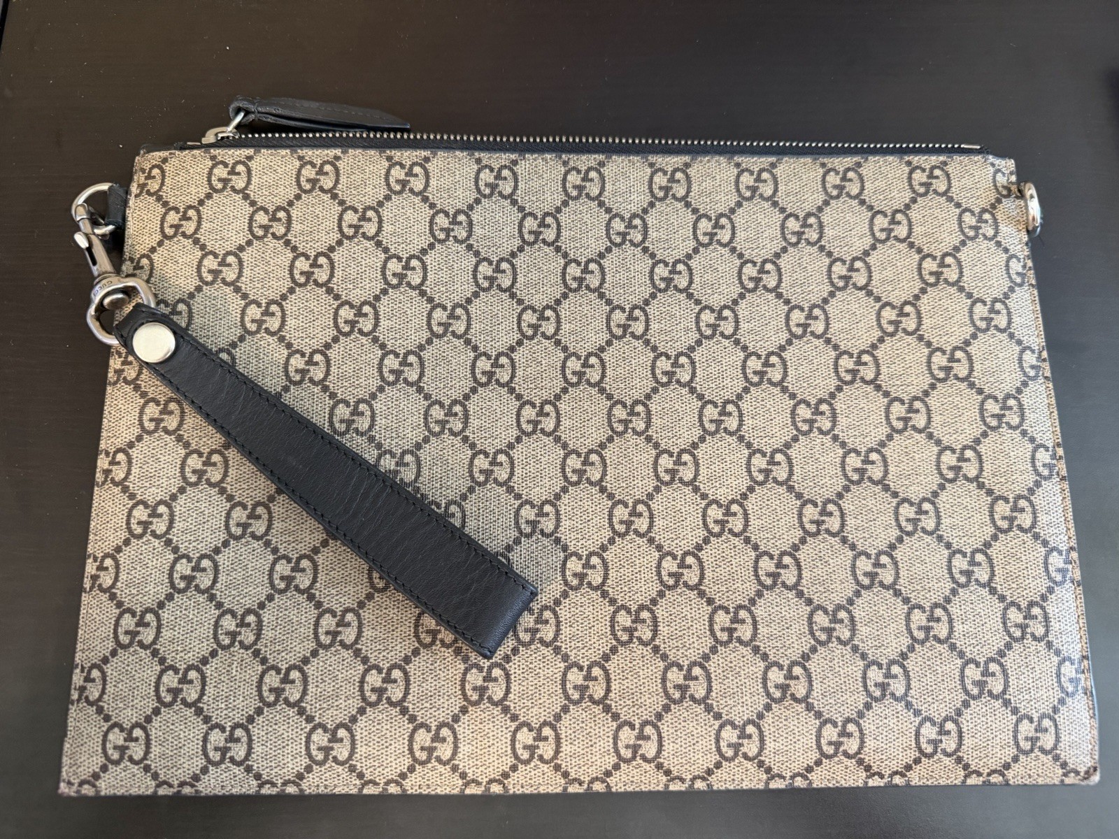 GG Supreme Monogram Tiger L’Aveugle Zip Wristlet Pouch Beige