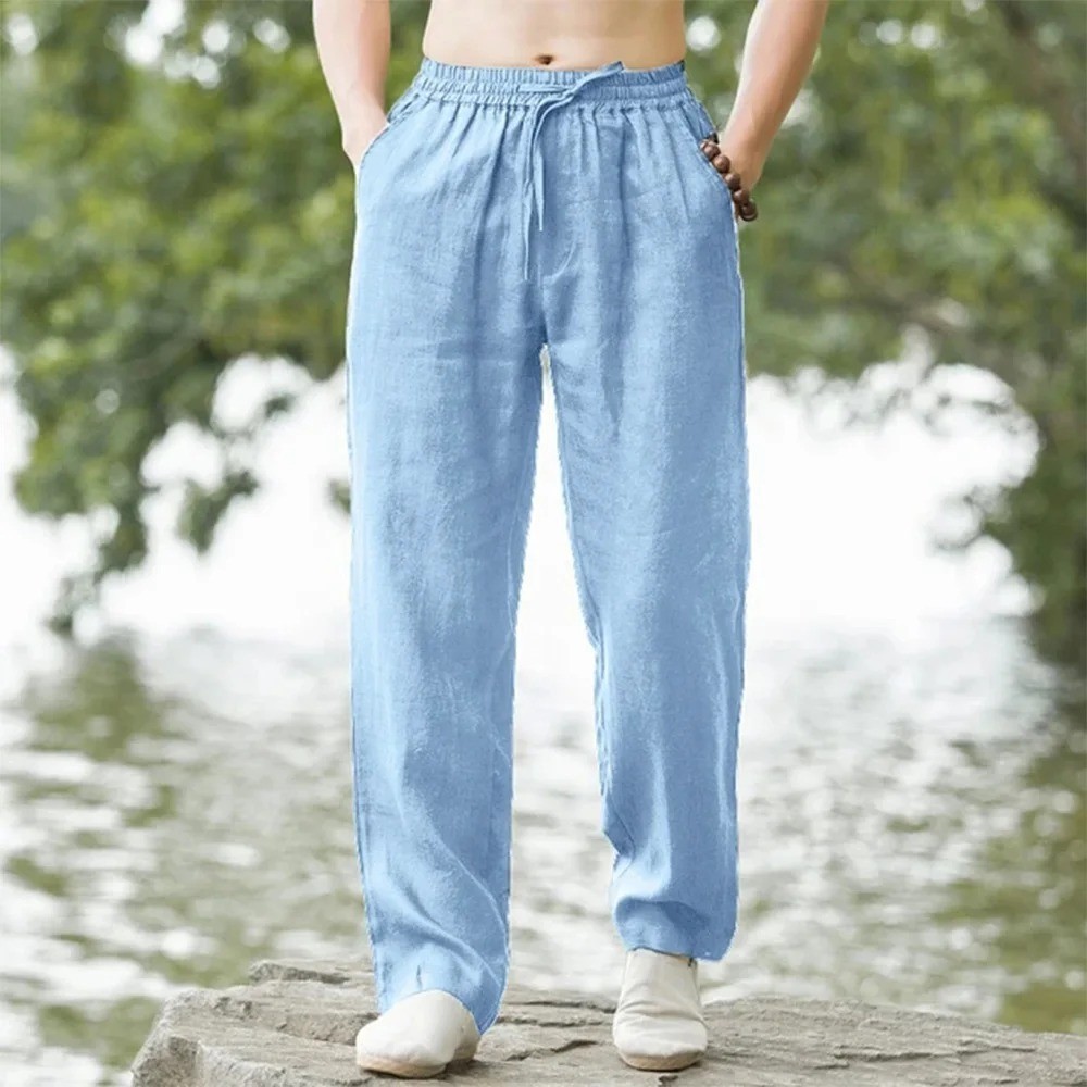 Mens Cotton Linen Loose Pants Casual Drawstring Beach Yoga Baggy Long Trousers