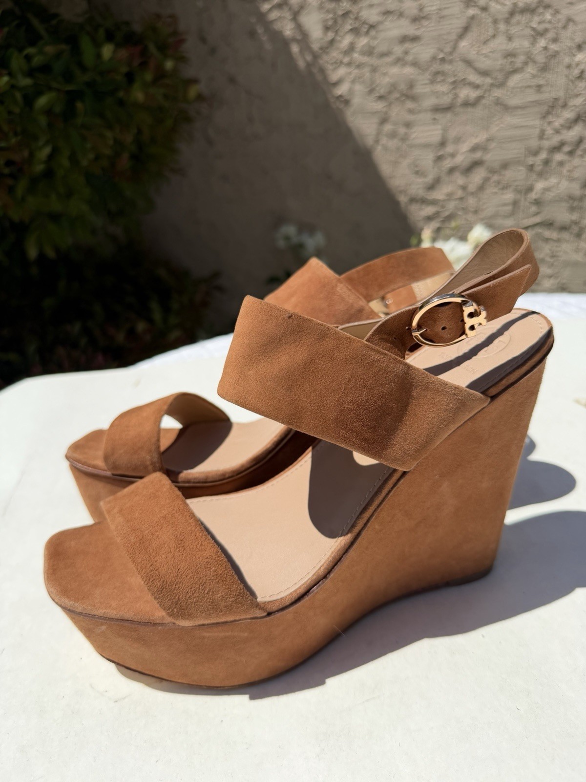 Tory Burch Loretta 120mm Lancaster Cuoio Brown Suede Platform Wedge Sandals 11 M