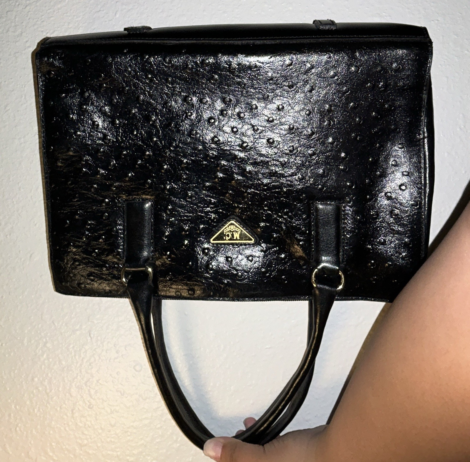 Black M.C Satchel Top Handle Bag Gold Logo Plaque Zip Detachable Strap