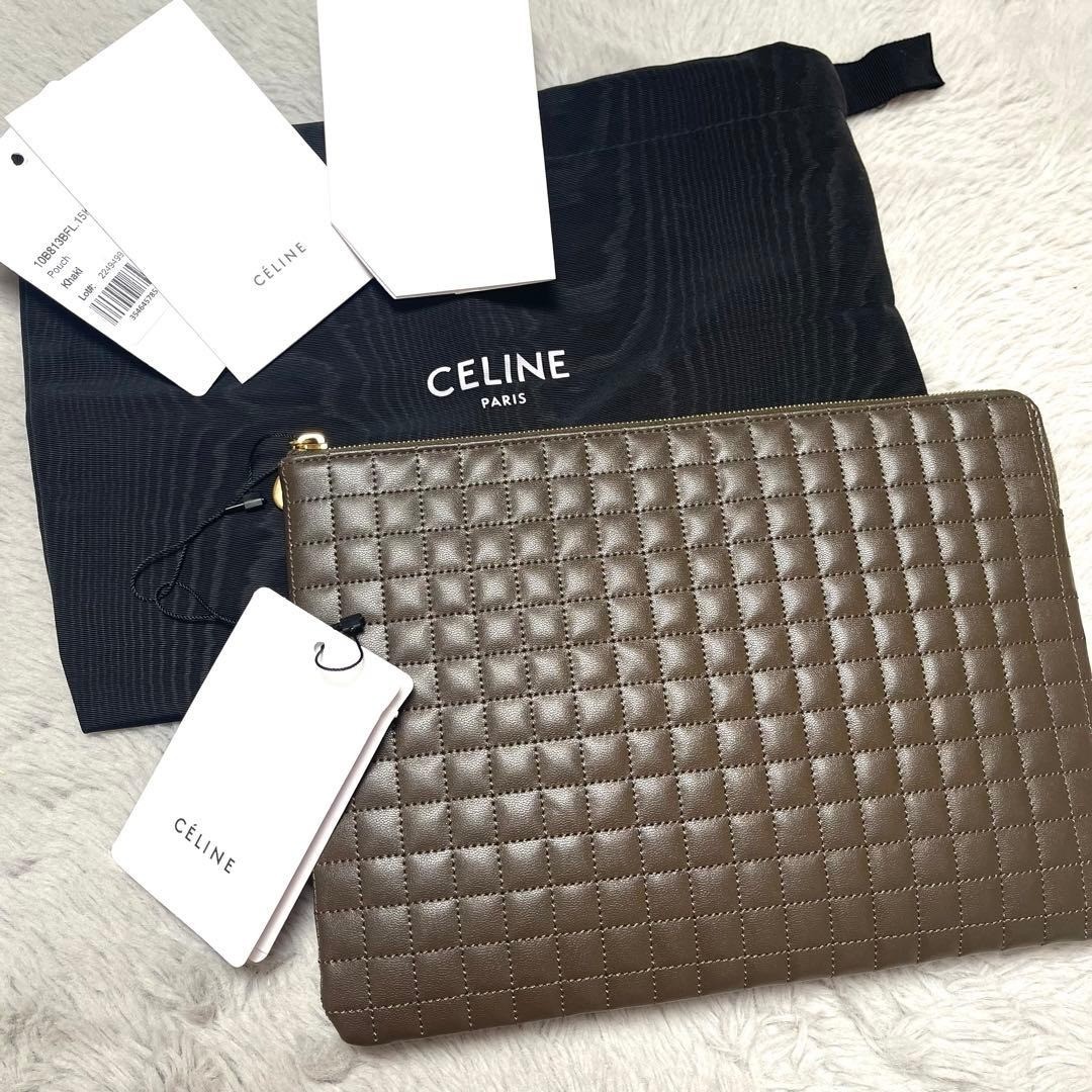 CELINE Clutch Bag Khaki Quilted Leather C Charm Pouch Gold Hardware Unused