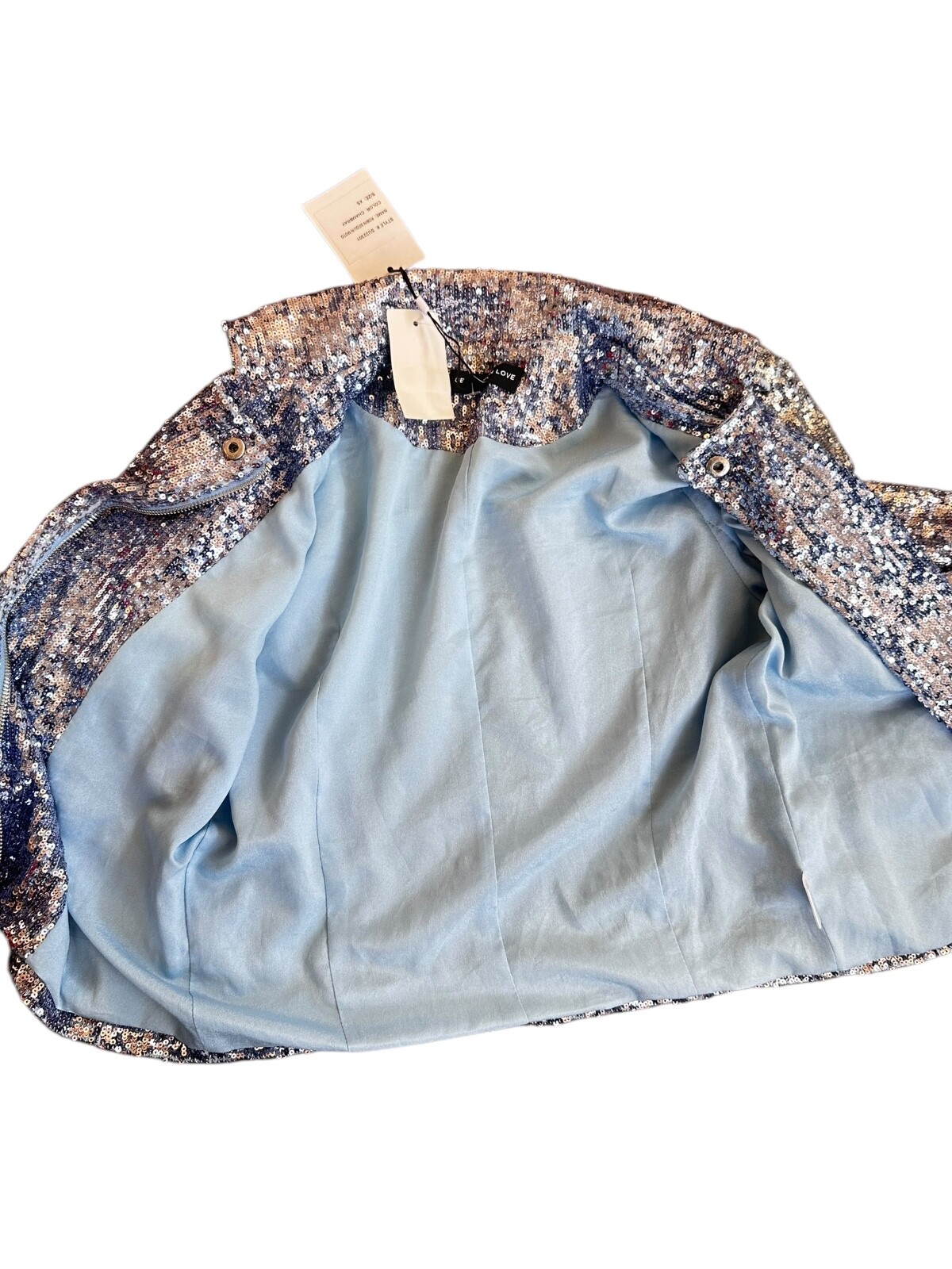 Generation Love Robin Sequin Moto Jacket Long Sleeves Cropped Silver Blue Sz XS